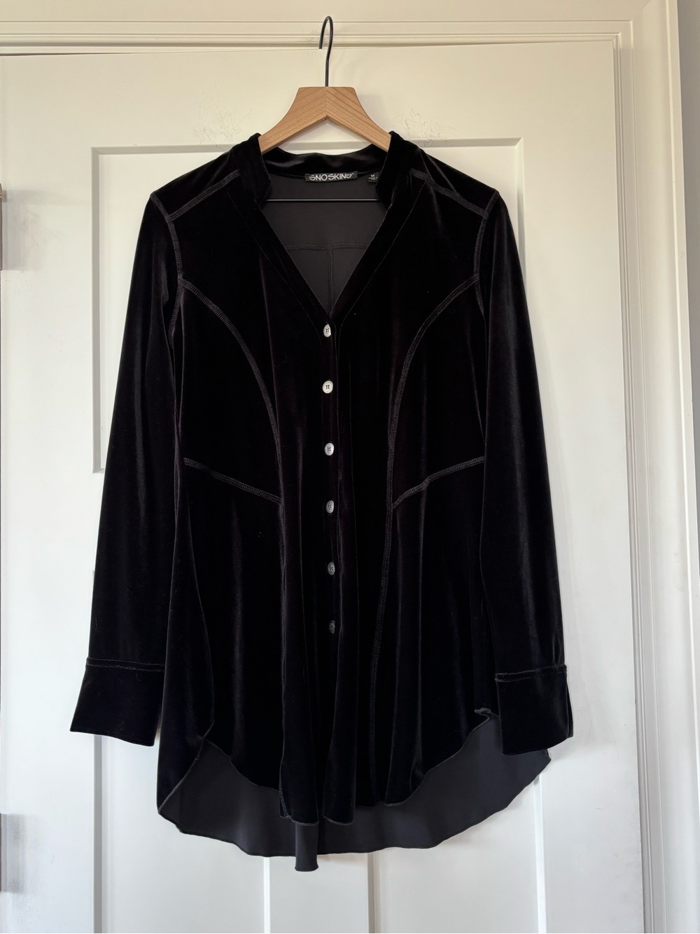 SnoSkins Black Velvet Button Down Long Tunic Blouse Romantic Goth Size M